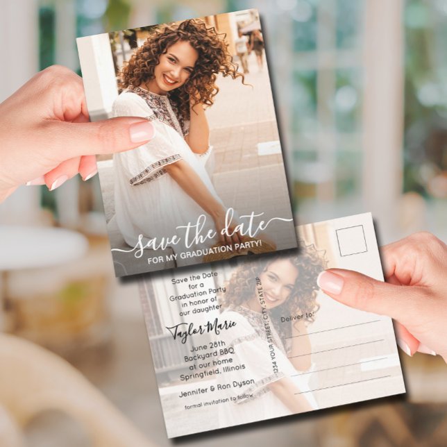 Vertical Photo Graduation Save the Date Postcard (Photo graduation Save the Date postcards feature your details on the back)