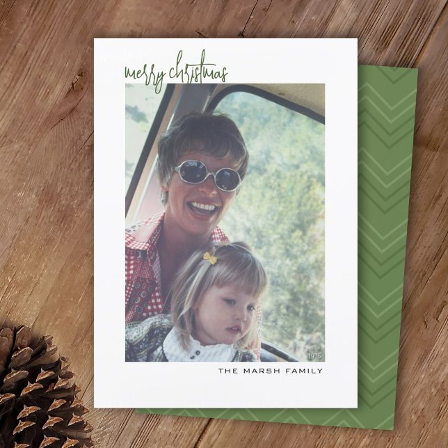 Vertical Photo - white border minimal - green back Holiday Card (Creator Uploaded)