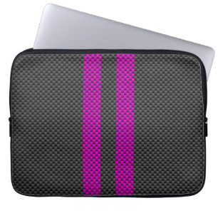 Vertical Pink Racing Stripes in Carbon Fibre Style Laptop Sleeve