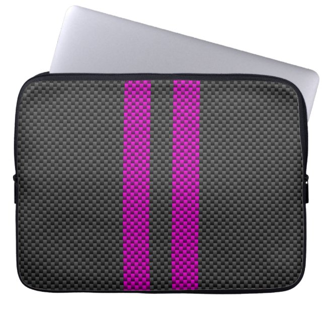 Vertical Pink Racing Stripes in Carbon Fibre Style Laptop Sleeve (Front)