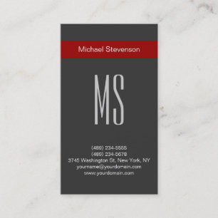 Vertical Plain Grey Monogram Red Business Card