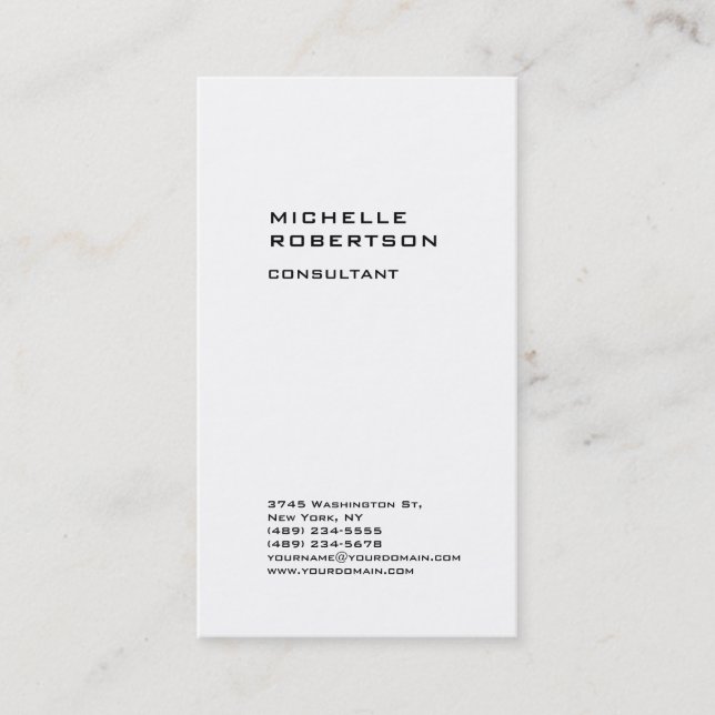 Vertical Plain White Trendy Consultant Business Card (Front)
