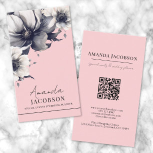 Vertical QR Blush Pink Floral Elegant Professional Business Card