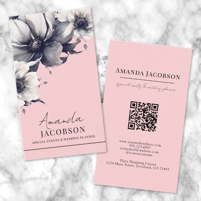 Vertical QR Blush Pink Floral Elegant Professional Business Card (Vertical QR Blush Pink Floral Elegant Professional Business Card)