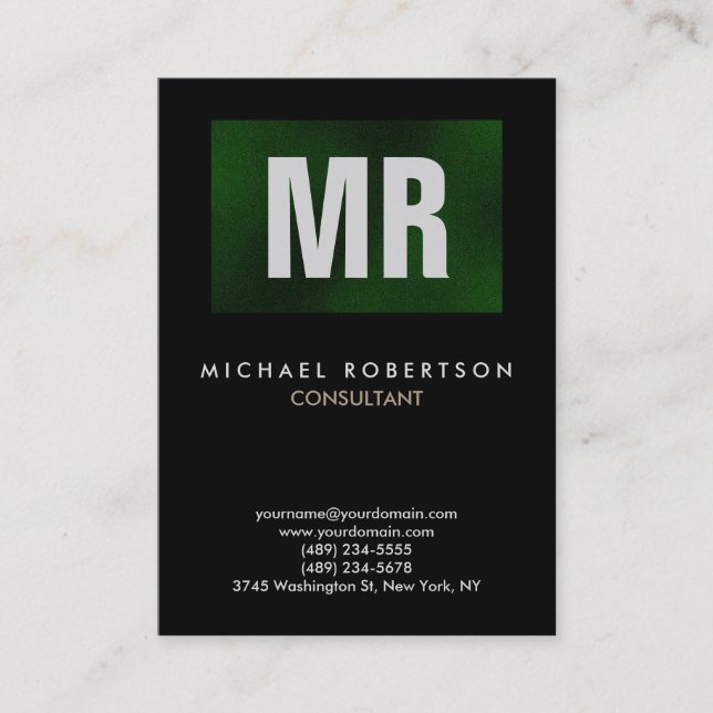 Vertical Quality Black Green Monogram Unique Business Card (Front)