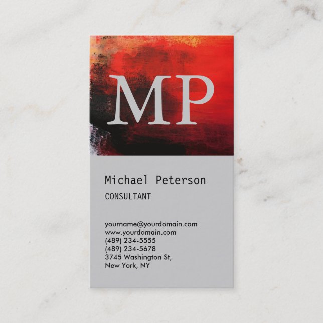Vertical Red Abstract Grey Monogram Business Card (Front)