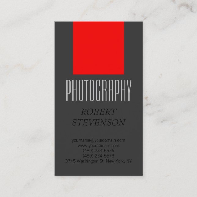Vertical Red Grey Photography Artist Business Card (Front)