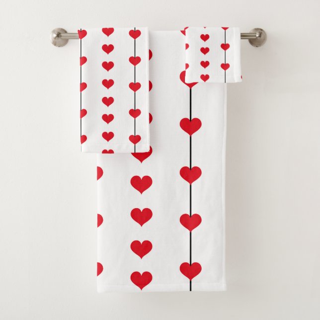 Vertical Red Heart Columns on White Bath Towel Set (Insitu)