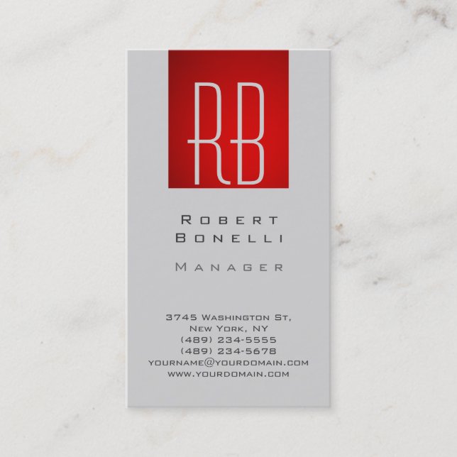 Vertical Red Light Grey Monogram Business Card (Front)