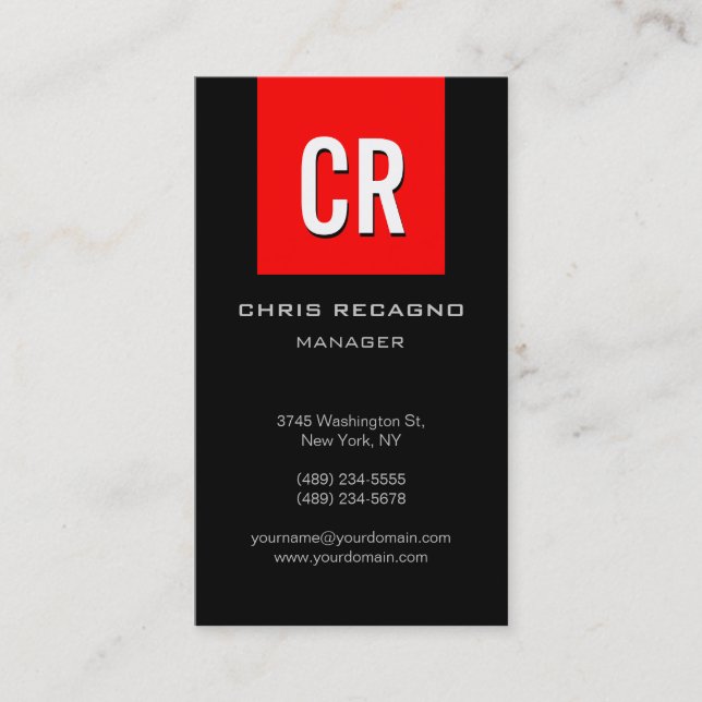 Vertical Red Stripe Monogram Black Business Card (Front)