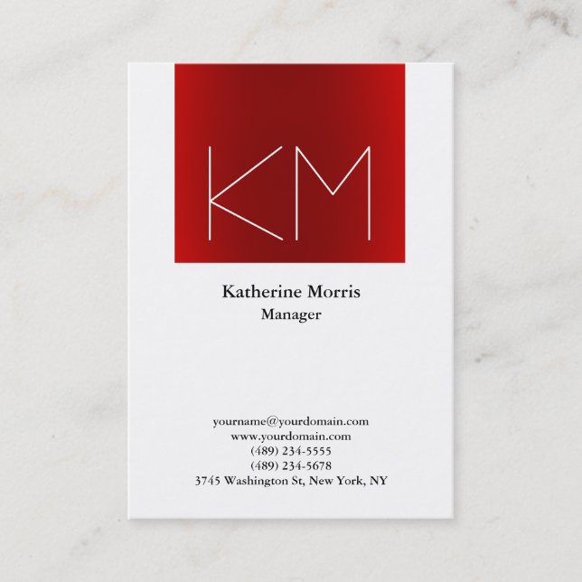 Vertical red stripe white monogram professional business card (Front)
