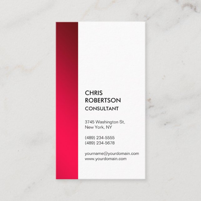 Vertical Red White Minimalist Modern Plain Business Card (Front)