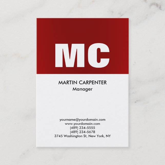 Vertical red white monogram professional modern business card (Front)