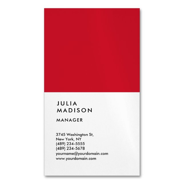 Vertical Red White Trendy Manager Consultant Magnetic Business Card (Front Vertical)