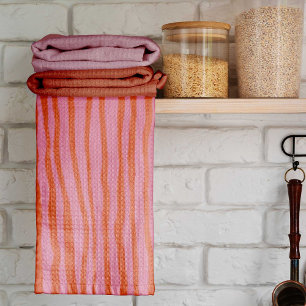 Vertical retro wavy lines - pastel orange and pink tea towel