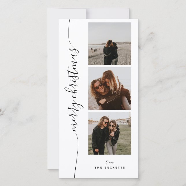 Vertical Script Photo Strip  Holiday Card (Front)