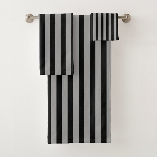 Vertical Silver and Black Stripes Bath Towel Set (Insitu)