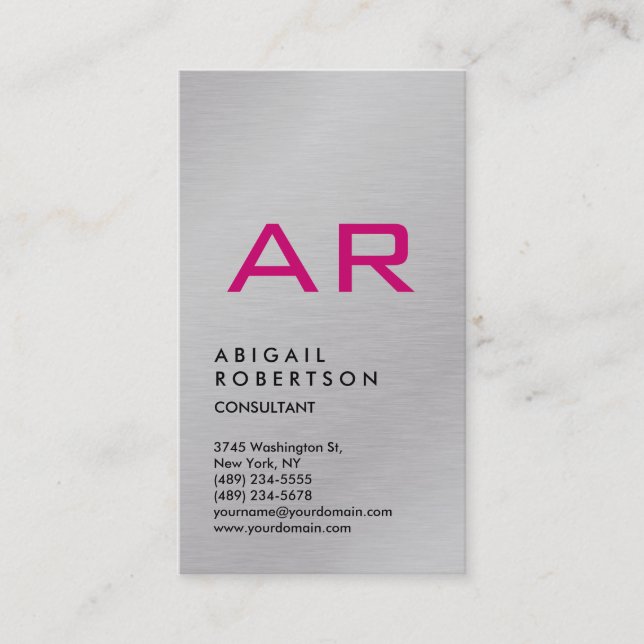 Vertical Silver Grey Trendy Pink Monogram Feminine Business Card (Front)