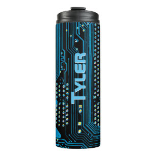 Vertical Sky Blue Name, Blue & Black Circuit Board Thermal Tumbler