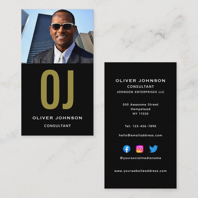 Vertical Social Media Monogram Black White Gold Business Card (Front/Back)