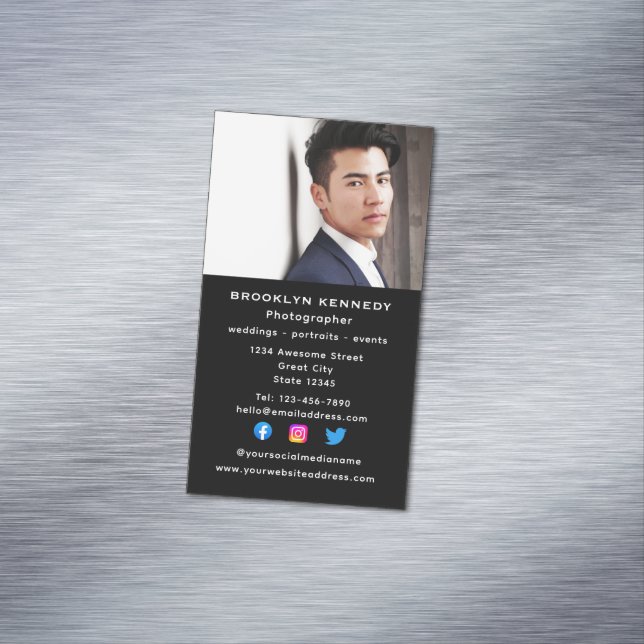 Vertical Social Media Photographer Headshot Photo Magnetic Business Card (In Situ)