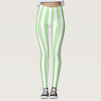 Vertical Soft Green and White Stripes Leggings