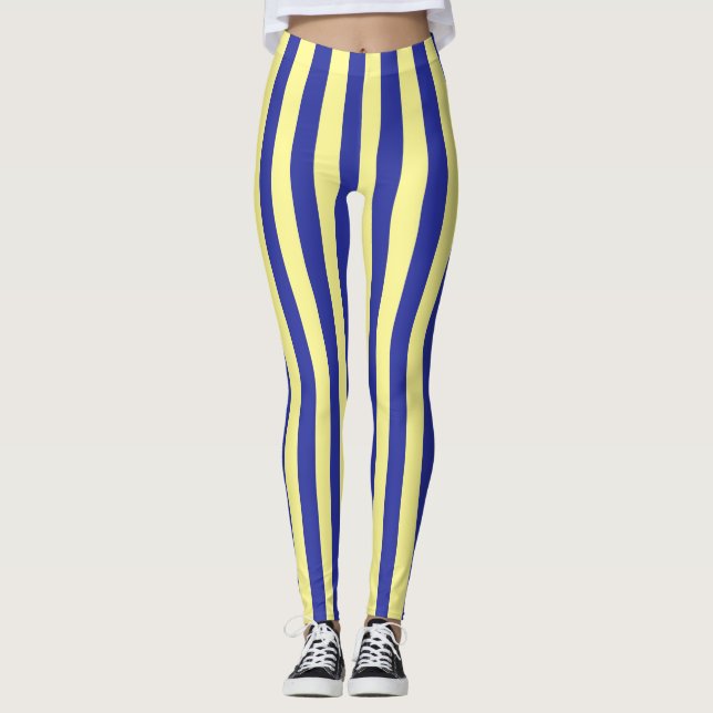 Vertical Soft Yellow and Blue Stripes Leggings (Front)