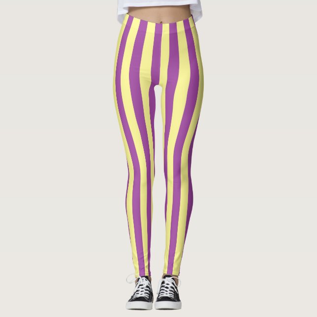 Vertical Soft Yellow and Purple Stripes Leggings (Front)