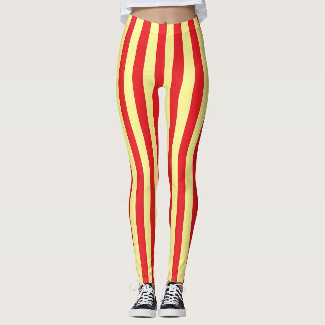 Vertical Soft Yellow and Red Stripes Leggings (Front)
