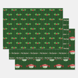 Vertical Striped Holly Berry Feliz Navidad Wrapping Paper Sheet