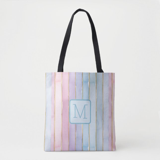 Vertical Stripes Blues Color Block Monogram Tote Bag (Front)