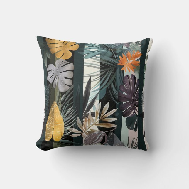 Vertical stripes monstera leaves exotic flora cushion (Front)