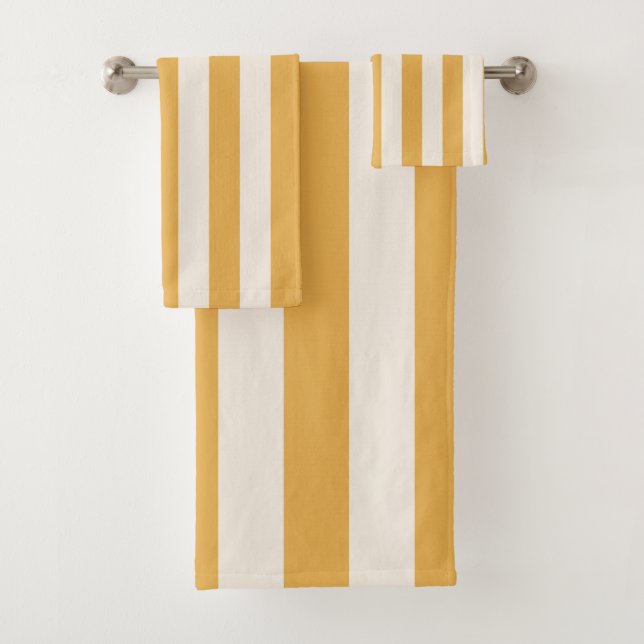 Vertical Stripes Mustard Yellow And White Striped Bath Towel Set (Insitu)