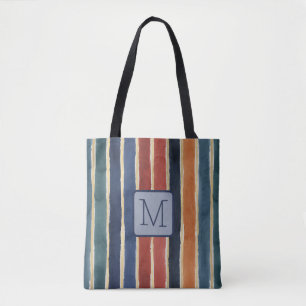 Vertical Stripes Navy Color Block Monogram Tote Bag