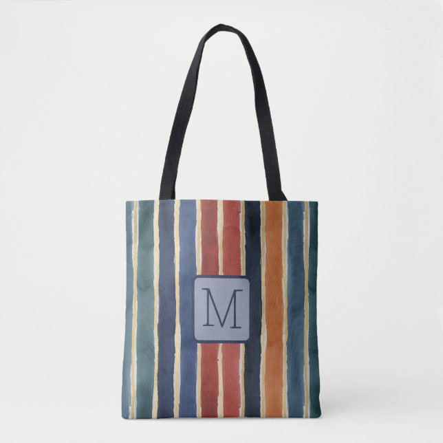 Vertical Stripes Navy Color Block Monogram Tote Bag (Front)