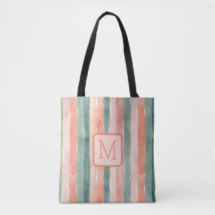 Vertical Stripes Peach Color Block Monogram Tote Bag