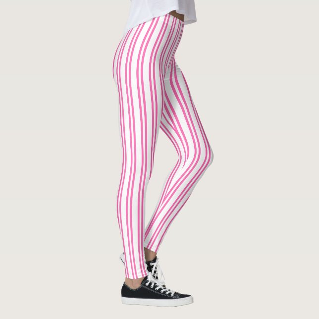 Vertical Stripes Pink White Striped Pattern Leggings (Right)