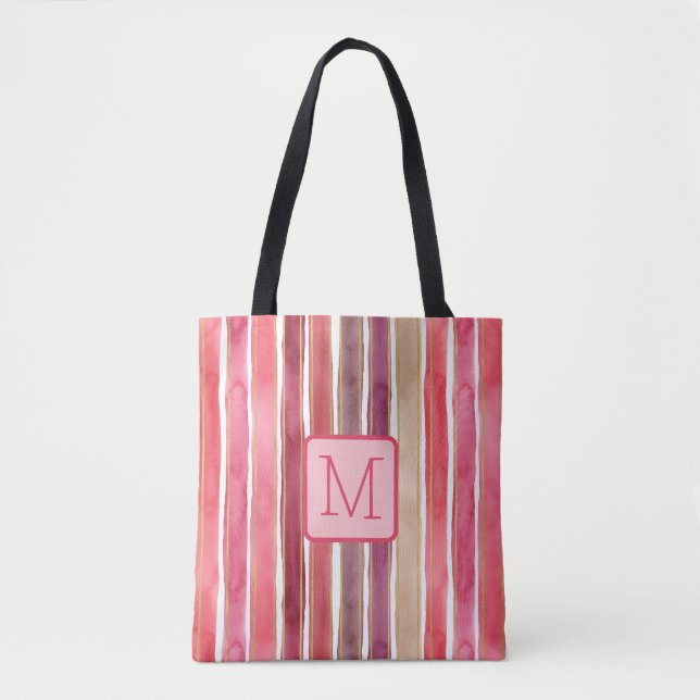 Vertical Stripes Pinks Color Block Monogram Tote Bag (Front)