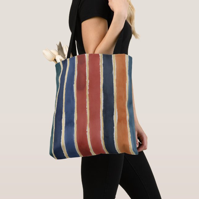 Vertical Stripes Shades of Brick Rust Teal Navy  Tote Bag (Close Up)