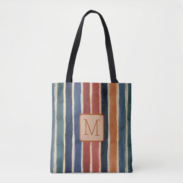 Vertical Stripes Tan Color Block Monogram Tote Bag (Front)