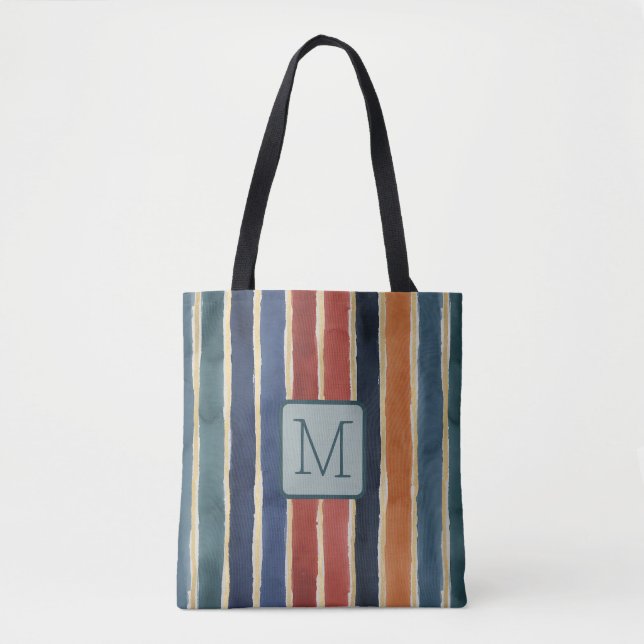 Vertical Stripes Teal Color Block Monogram Tote Bag (Front)