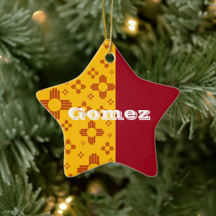 Vertical Stripes Zia Sun Red Yellow New Mexico Ceramic Tree Decoration