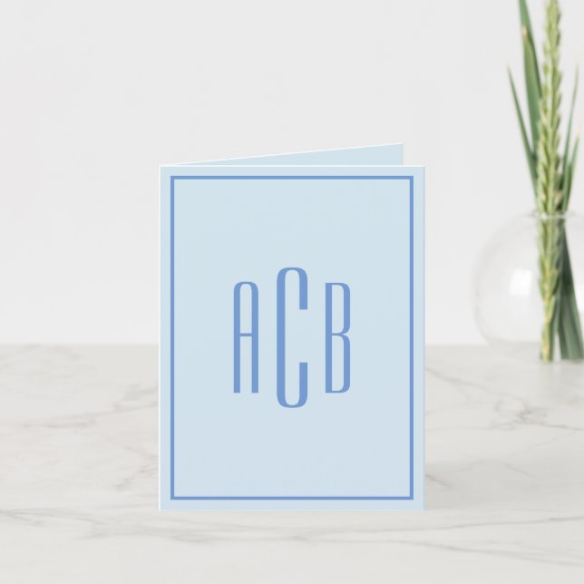 Vertical Three Letter Blue Monogram Border Note Card (Front)