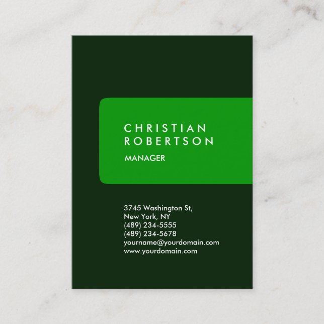 Vertical trendy chubby green business card (Front)