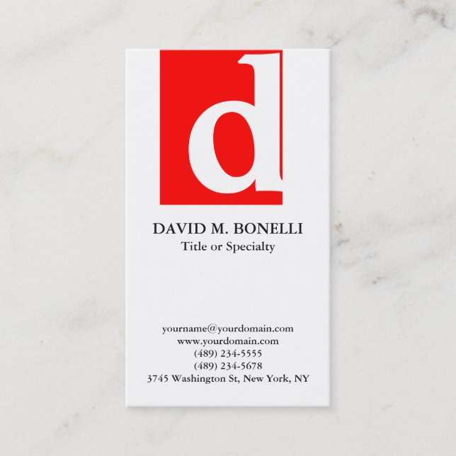 Vertical trendy modern red white monogram business card (Front)