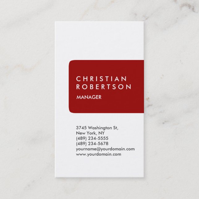 Vertical trendy red white modern business card (Front)