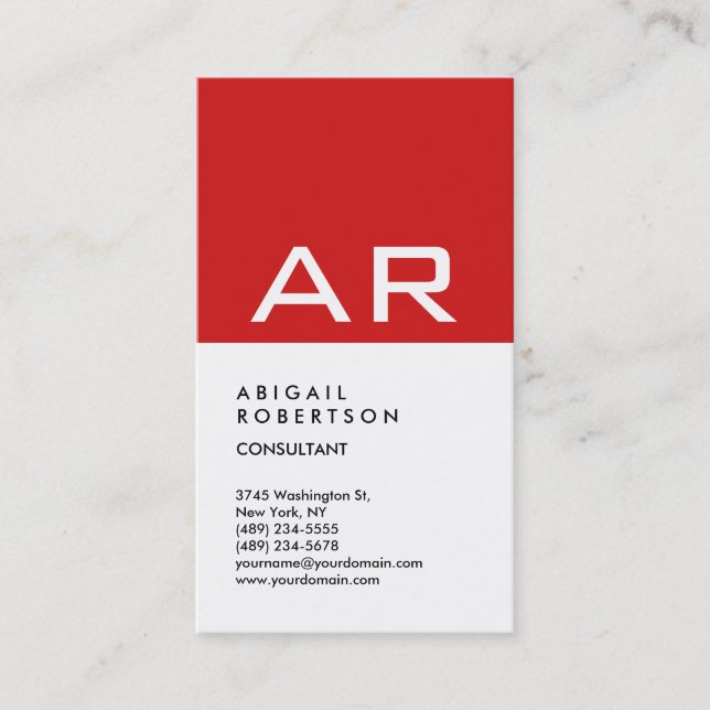 Vertical Trendy Red White Monogram Stylish Business Card (Front)