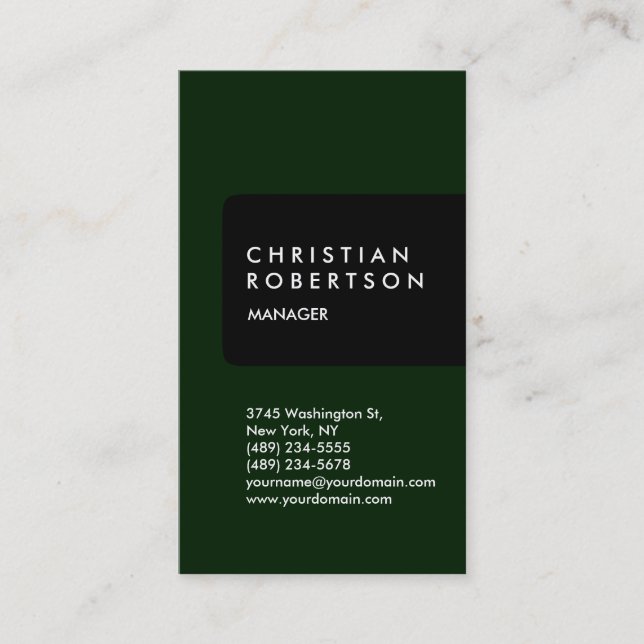 Vertical trendy standard black green business card (Front)