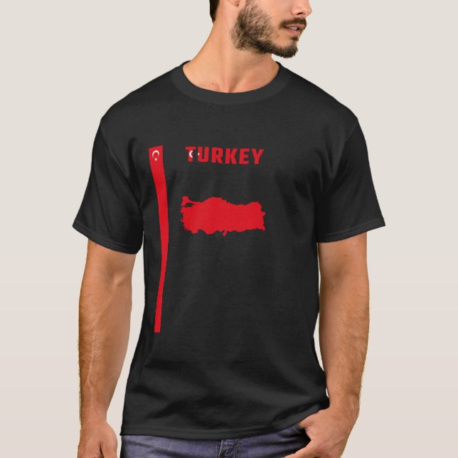 Vertical Turkish Flag text TURKEY Silhouette map T T-Shirt (Front)