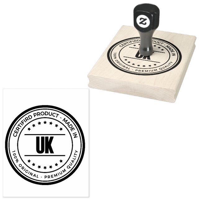Vertical UK Name Text Printed Packaging Cobalt Ink Rubber Stamp (Stamped)